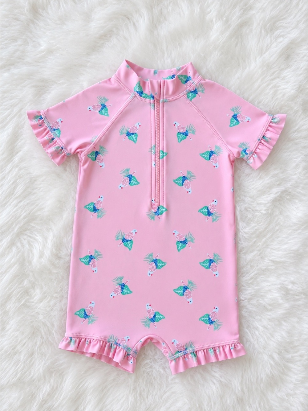 Pink Parrot Print Kids Swim Romper - Brand